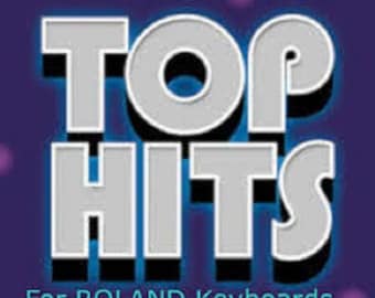 May include: A graphic with the words "TOP HITS" in large, white, 3D letters with a black shadow, set against a dark blue background. Below, the text "For ROLAND Keyboards" is in a smaller, teal font.