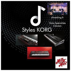 Può includere: Immagine promozionale per Styles KORG con un logo a forma di nota musicale e tre sintetizzatori a tastiera. L'immagine include il testo "cfmetzling.fr Votre Spécialiste Claviers" e un logo per "The Music Man."