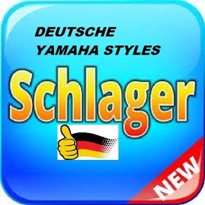 以下が含まれることがあります： 青い正方形のボタンに、「DEUTSCHE YAMAHA STYLES」と「Schlager」というテキストが黄色とオレンジで書かれています。ドイツ国旗の親指がボタンの下中央にあります。「NEW」というテキストが、右下隅の白い背景に赤で書かれています。
