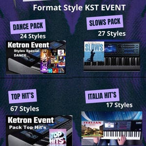 May include: A black USB flash drive with a silver metal casing. The flash drive is labeled "Ketron Event Styles" and contains 135 different styles for the Ketron keyboard. The styles are organized into four packs: Dance, Slows, Top Hit's, and Italia Hit's.