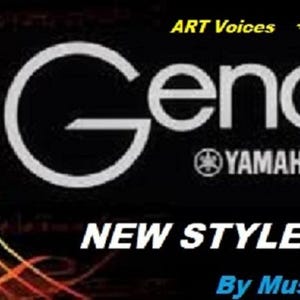 Może przedstawiać: Czarne tło z białym napisem „Genos” nad logo Yamaha. Poniżej znajduje się tekst „NEW STYLES PACK”, a na dole „By Musicman5712”. Po lewej stronie nuty i linie w kolorze złotym i pomarańczowym.