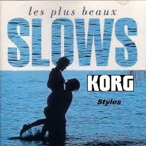 Peut inclure: Pochette d'album avec le titre "les plus beaux SLOWS" en grandes lettres bleues sur un fond d'eau bleue. L'image présente une silhouette d'un couple s'embrassant dans l'eau. Le mot "KORG" est dans un encadré blanc.