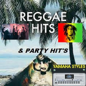 May include: A digital keyboard with the text "Yamaha Styles" on a white background. The keyboard is in front of a beach scene with palm trees and a blue sky. The text "Reggae Hits & Party Hit's" is above the keyboard. There is a silhouette of a crowd of people dancing in the upper left corner and a portrait of Bob Marley in the upper right corner.