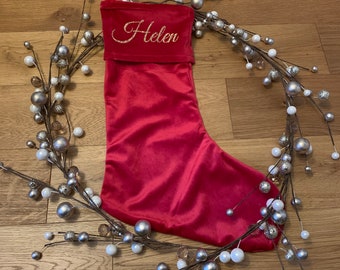 Velvet stocking with a silky lining. Personalised with any name or initials. Available in grey, charcoal, blue, green or red.