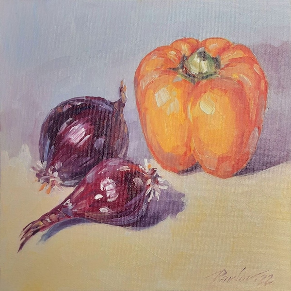 Big bell pepper, Onions, Oil painting, Still life, Kitchen vegetable art, 8x8 inches, Kitchen fruit art, Small artwork, Wall decor, Gift