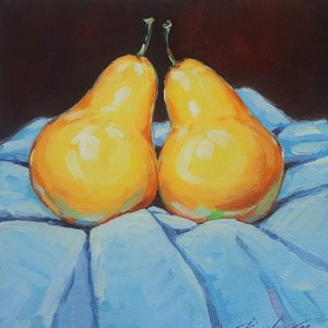 Pear Oil Painting, Still life, Yellow Pear, Pear Branch, Impressionist Art, Fruit painting, Dutch style, Small painting, Gift Fruit Painting