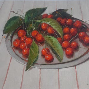 Original Cherry Oil Painting: Still Life Food Scene, Kitchen Wall Art