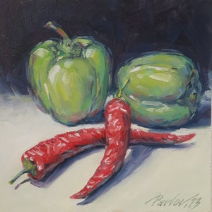 Piments rouges, Nature morte, Peinture à l'huile originale, Art végétal de cuisine, Poivron, 20 x 20 cm, Cadeau, Décoration murale