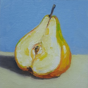 Origineel olieverfschilderij: stilleven peer, kleine keukenmuurkunst