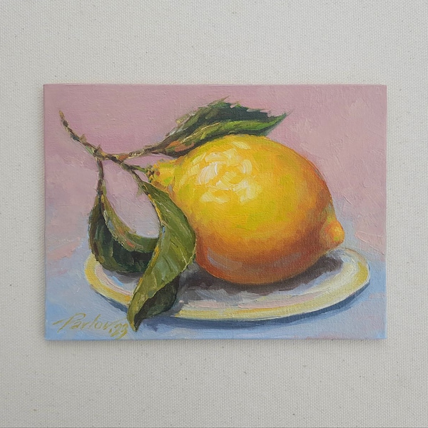 Still life, Lemon Oil Painting, Lemon Branch, Lemon Fruit, Kitchen painting, Restaurant Art, Dutch style, Gift, Wall decor, Small painting