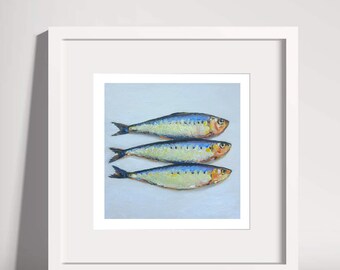 Sardine Seafood Art, Ölgemälde, Küstenküchendekor, kleines Kunstwerk