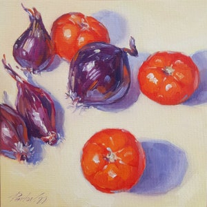 Tomates et oignons, Peinture originale, Nature morte, Petite oeuvre d'art, Image carrée, Légume rouge, Huile sur toile, Cadeau, Décoration murale