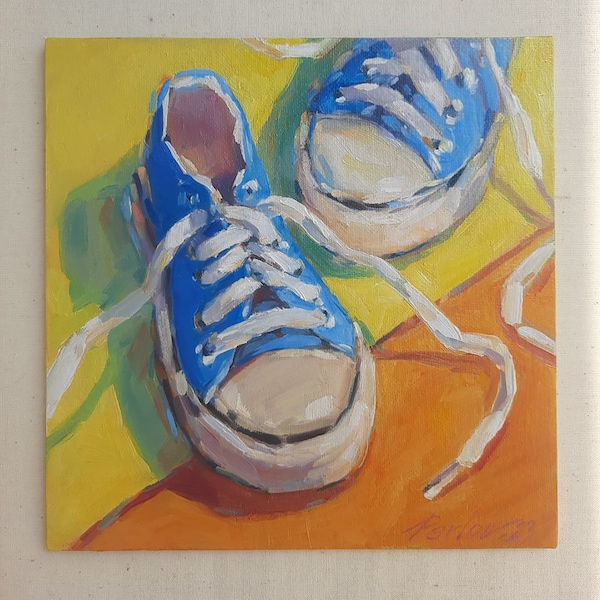 Baskets originales peinture à l'huile chaussure Converse oeuvre d'art originale 8 x 8 pouces cadeau mode art mural petit élégant ludique tendance charmant charmant