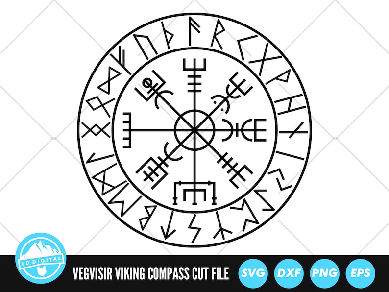 May include: Black and white line art illustration of a Vegvisir Viking compass. The compass is a circular design with runes around the outside and a star-shaped design in the center.