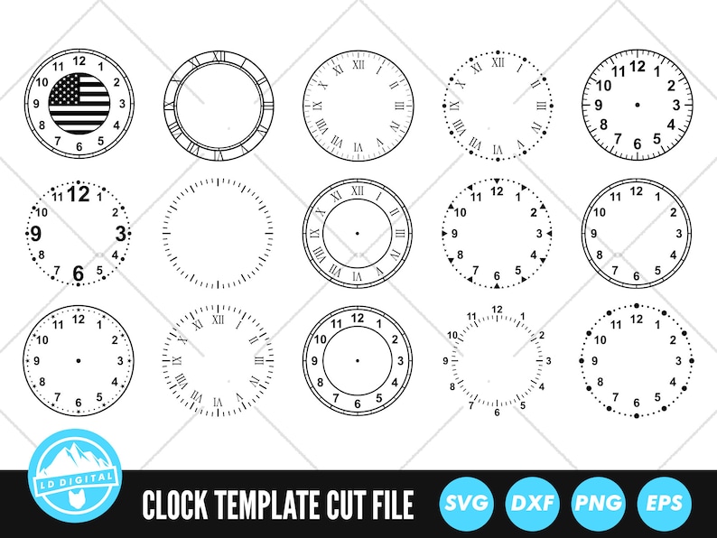 May include: A set of ten black and white clock face templates for crafting. The templates feature different styles of clock faces, including Roman numeral, Arabic numeral, and dot designs.