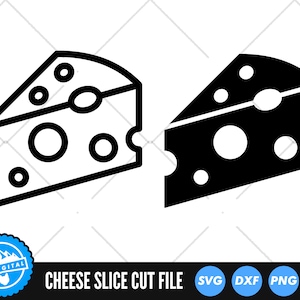 Op de afbeelding: Twee afbeeldingen van een plakje kaas, een in zwart-wit en de andere in zwart. Het plakje kaas is een eenvoudige omtrek van een wig kaas met gaten.