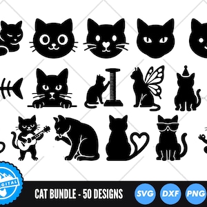 May include: A collection of 16 black cat silhouettes in various poses, including sleeping, playing a guitar, and wearing sunglasses. The image also includes a fishbone and the text "CAT BUNDLE - 50 DESIGNS".