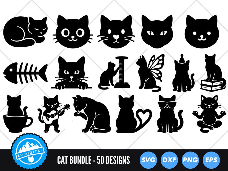 May include: A collection of 16 black cat silhouettes in various poses, including sleeping, playing a guitar, and wearing sunglasses. The image also includes a fishbone and the text "CAT BUNDLE - 50 DESIGNS".
