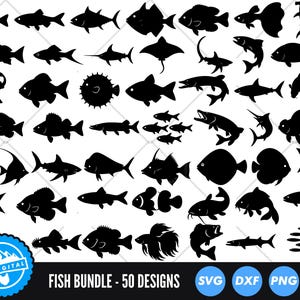 Könnte beinhalten: Eine Sammlung von 50 schwarzen Fischsilhouetten in verschiedenen Formen, darunter Haie, Rochen und Clownfische. Das Bild zeigt eine Vielzahl von Fischarten. Der Text "FISH BUNDLE - 50 DESIGNS" befindet sich unten, zusammen mit SVG-, DXF- und PNG-Symbolen.