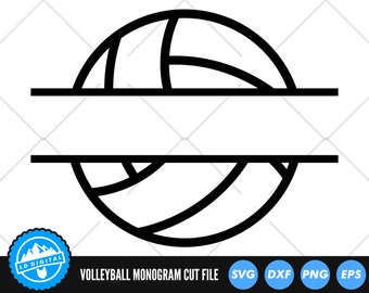 May include: Black and white outline of a volleyball cut in half with a space for text in the middle. The text "VOLLEYBALL MONOGRAM CUT FILE" is below the image.  The file formats SVG, DXF, PNG, and EPS are listed in blue circles below the text.