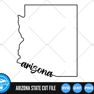 May include: Black and white outline of the state of Arizona with the word "arizona" written in cursive below the outline.