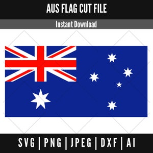 May include: A digital cut file of the Australian flag. The flag is blue with a red Union Jack in the top left corner and a constellation of white stars in the bottom right corner. The file is available in SVG, PNG, JPEG, DXF, and AI formats.