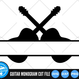 May include: Black and white silhouette of two crossed guitars with a space for a monogram in the centre. The design is perfect for a personalised gift or home decor.
