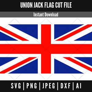 May include: A digital cut file of the Union Jack flag, a red, white and blue flag with a cross design. The file is available for instant download in SVG, PNG, JPEG, DXF and AI formats.