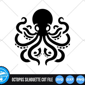 May include: Black and white silhouette of an octopus with eight tentacles. The octopus is facing forward with its head in the center of the image. The tentacles are curled and detailed.