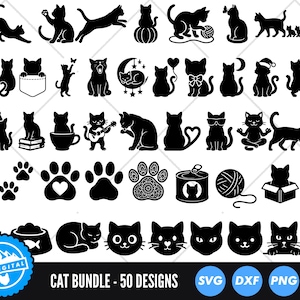 Op de afbeelding: Een verzameling van 50 zwarte ontwerpen met katten als thema. De afbeeldingen bevatten verschillende katten silhouetten, pootafdrukken en kat-gerelateerde objecten. Geschikt voor knutselen en digitale projecten. De tekst "CAT BUNDLE - 50 DESIGNS" staat onderaan.