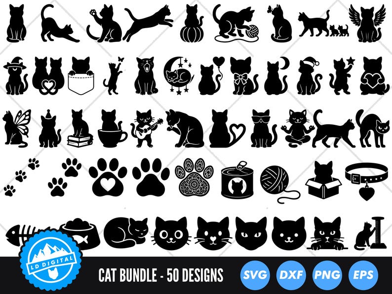May include: A collection of 50 black cat-themed designs. The images include various cat silhouettes, paw prints, and cat-related objects. The designs are suitable for crafting and digital projects. The text "CAT BUNDLE - 50 DESIGNS" is at the bottom.