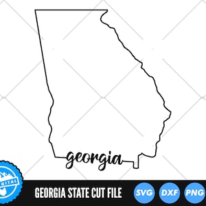 Puede incluir: Esquema en blanco y negro del estado de Georgia con la palabra "georgia" escrita en cursiva dentro del esquema.