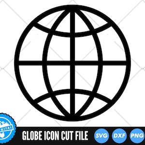 May include: A black globe icon with intersecting lines, representing the Earth. The image includes the text "GLOBE ICON CUT FILE" and file type icons: SVG, DXF, PNG, and EPS. A blue and white logo is in the lower left corner.
