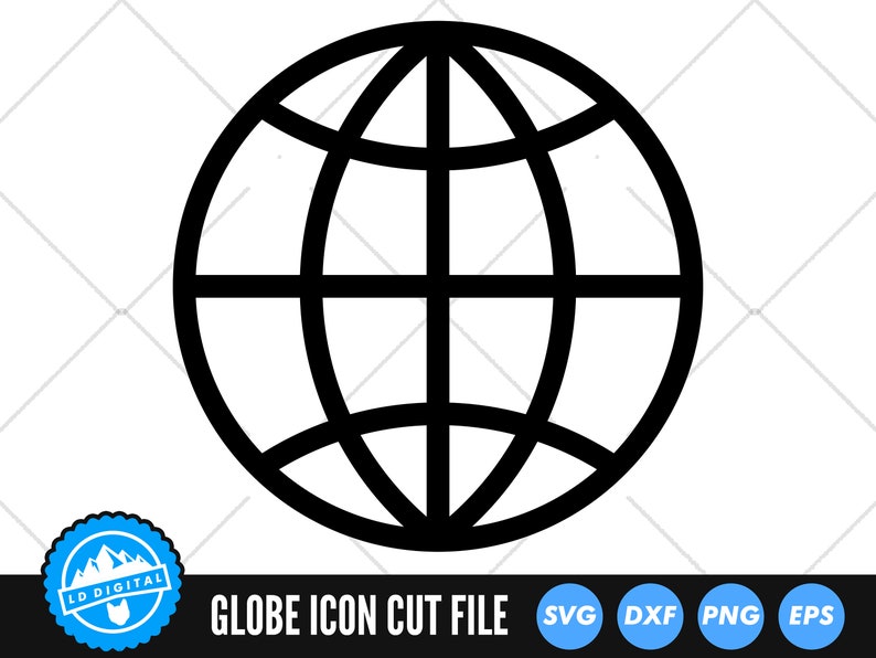 May include: A black globe icon with intersecting lines, representing the Earth. The image includes the text "GLOBE ICON CUT FILE" and file type icons: SVG, DXF, PNG, and EPS. A blue and white logo is in the lower left corner.