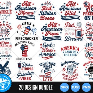 Pacote SVG de 4 de julho, arquivos de corte patrióticos, bandeira dos EUA SVG, Dia da Independência, América SVG, vermelho, branco e azul, designs de silhueta Cricut
