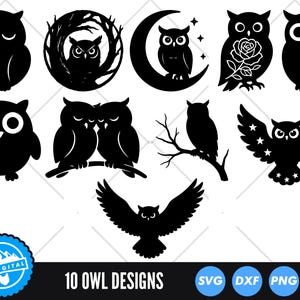 May include: A collection of ten black owl designs in various poses. The designs include owls perched on branches, inside a tree, and with open wings. The text "10 OWL DESIGNS" is at the bottom, along with SVG, DXF, PNG, and EPS icons.