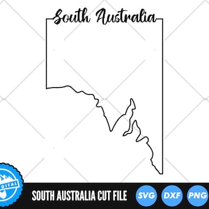Puede incluir: Contorno en blanco y negro del estado de Australia del Sur, con el texto "South Australia" encima del contorno del estado. La parte inferior de la imagen tiene el texto "SOUTH AUSTRALIA CUT FILE" e iconos de tipo de archivo.
