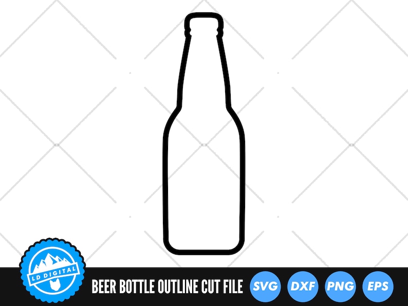 May include: Black and white outline cut file of a beer bottle. The file is available in SVG, DXF, PNG, and EPS formats.