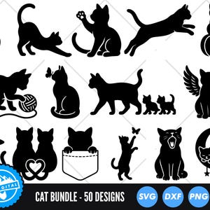 May include: A collection of black cat silhouettes in various poses, including sitting, stretching, jumping, and playing with yarn. Some cats are paired with pumpkins, butterflies, and angel wings. The text "CAT BUNDLE - 50 DESIGNS" is at the bottom.