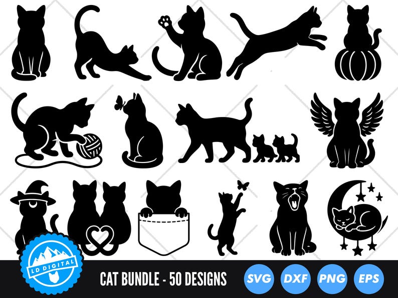 May include: A collection of black cat silhouettes in various poses, including sitting, stretching, jumping, and playing with yarn. Some cats are paired with pumpkins, butterflies, and angel wings. The text "CAT BUNDLE - 50 DESIGNS" is at the bottom.