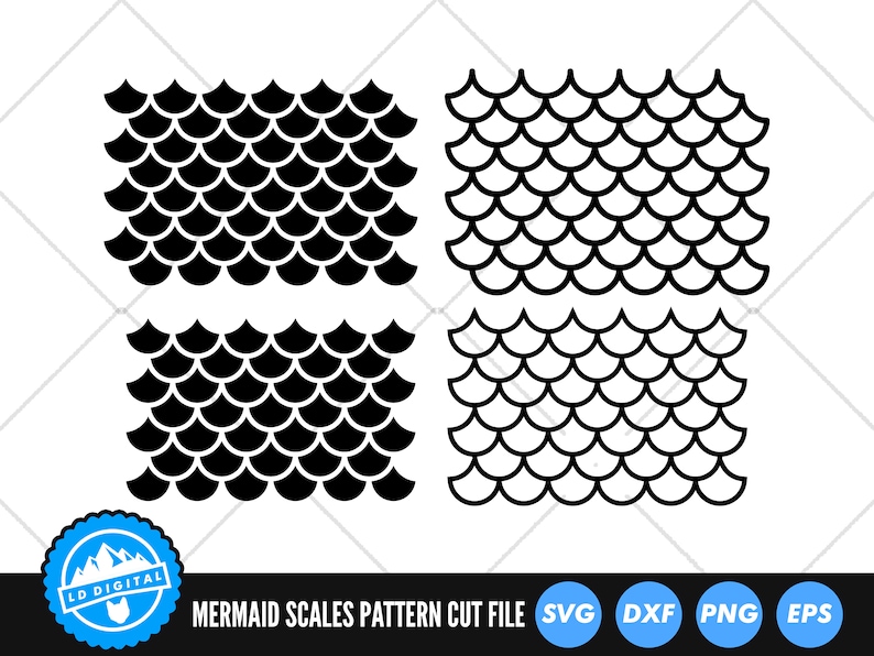 May include: Four black and white mermaid scale patterns. The patterns are in a square shape and are perfect for crafting projects. The patterns are available in SVG, DXF, PNG, and EPS formats.