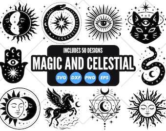 Magic and Celestial SVG Bundle, 50 Mystical Designs, Moon, Tarot, Zodiac, Crystals, Witchy Clipart, Moon Phase SVG, Sun Silhouette Cut File