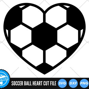 May include: Black and white soccer ball shaped like a heart.  The soccer ball has a classic design with five panels on each side.