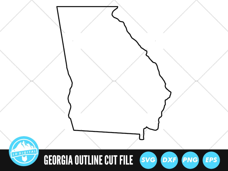 May include: Outline of the state of Georgia, a black line drawing on a white background. The image includes the text "Georgia Outline Cut File" and the file types "SVG, DXF, PNG, EPS".