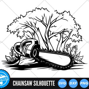 May include: Black and white chainsaw silhouette with a tree and foliage. The image includes the text "CHAINSAW SILHOUETTE" and icons for SVG, DXF, PNG, and EPS file formats. A logo with the text "LD DIGITAL" is also present.