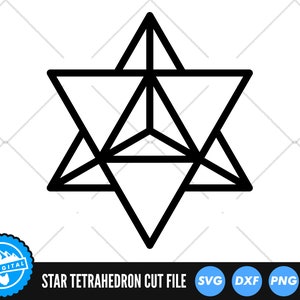 Puede incluir: Diseño geométrico negro de tetraedro estelar sobre fondo blanco. El diseño está compuesto por triángulos interconectados, formando una forma de estrella tridimensional. El texto "STAR TETRAHEDRON CUT FILE" se muestra debajo, junto con iconos de tipo de archivo.