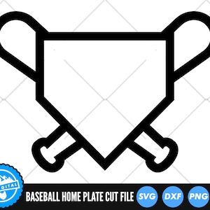 May include: Black and white graphic of a baseball home plate with two crossed bats. The image includes the text "BASEBALL HOME PLATE CUT FILE" and the file type icons SVG, DXF, PNG, and EPS.