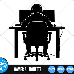 May include: Silhouette of a person sitting in a chair in front of a computer desk. The person is wearing headphones and is looking at the computer screen. The desk has a keyboard, mouse, and two monitors.