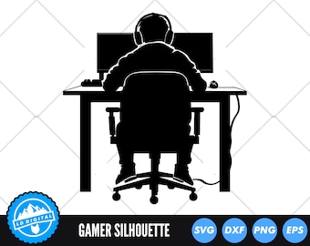 Gamer SVG Cut File, Gaming Desk Silhouette Clipart, PC Gamer PNG, Computer Gaming Vector Art, Esports Dxf Design, Gamer at Setup Cut File