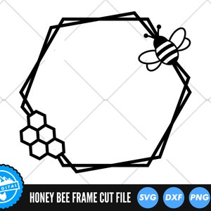 May include: Black and white digital cut file of a honeycomb frame with a bee on the top right corner. The text "Honey Bee Frame Cut File" is below the frame. The file formats are listed below the text: SVG, DXF, PNG, EPS.